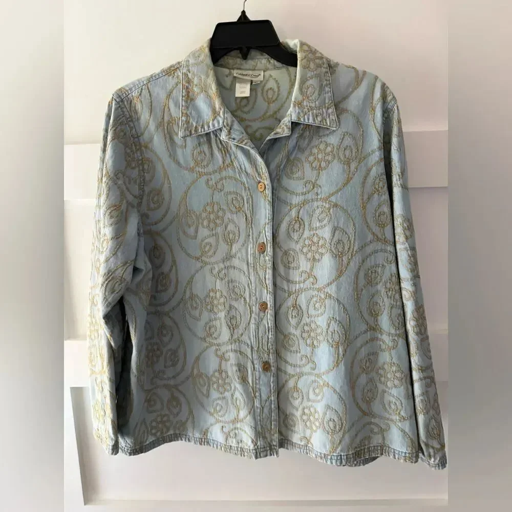 Coldwater Creek Blue and Gold Embroidered Shirt